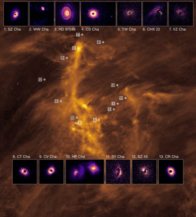 Yellowy-tan wisps with 14 insets showing planet-forming disks.