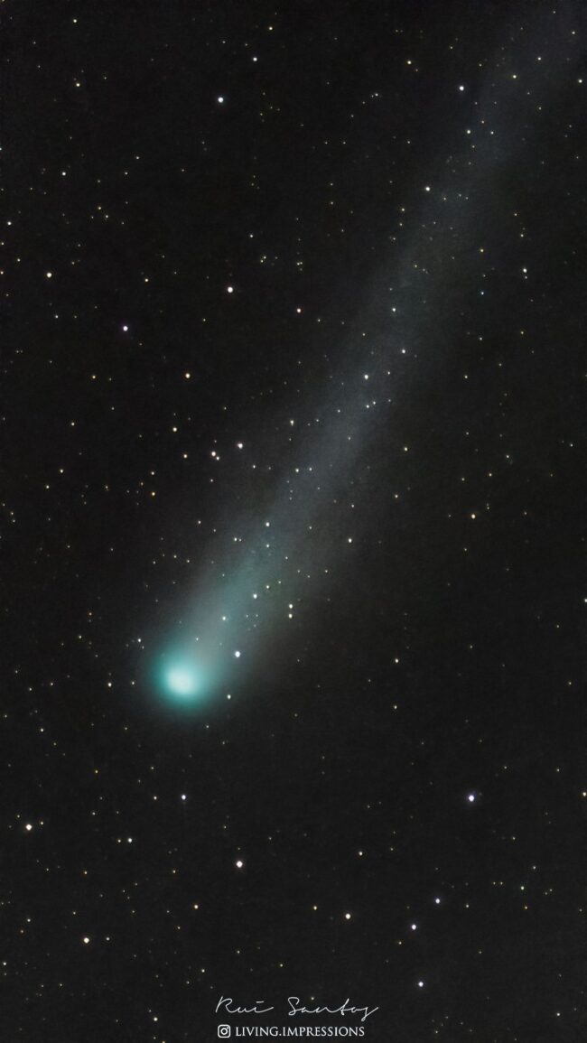 A fuzzy greenish ball with a long, diffuse tail streaming upward in a starry field.
