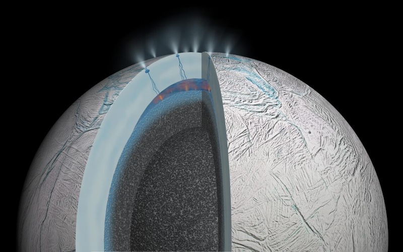 Cutaway view of planet-like body with cracked surface and inner layers. Jets of material erupt from the top into space.