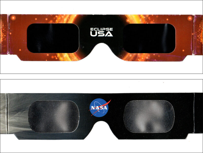 Fake eclipse glasses: Two images of eclipse glasses. They look similar, but one will protect your eyes and the other will not.