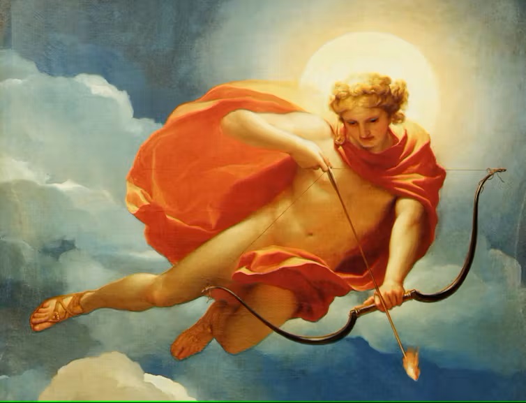 A yellow-haired man in a large orange cloak, floating in the clouds with a halo behind his head, shooting an arrow.