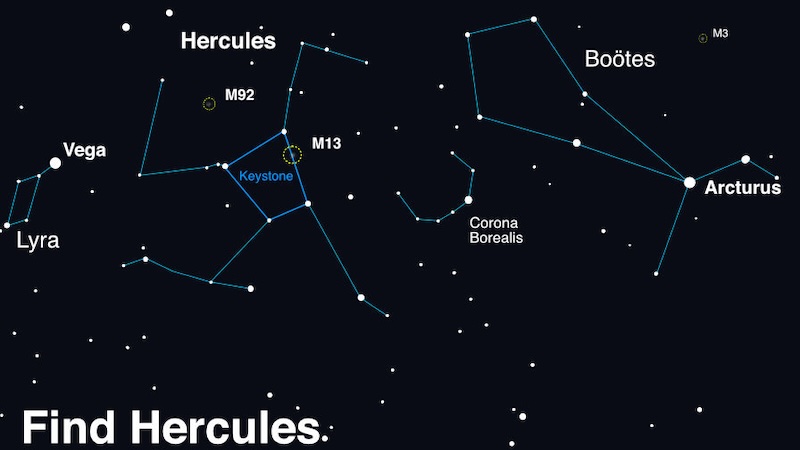 Star chart with 3 constellations outlined, Hercules, Corona Borealis and Bootes, and labeled stars.