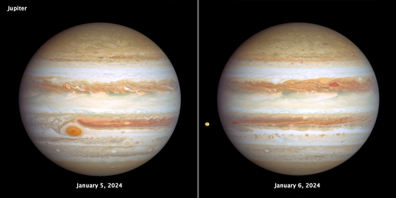 Jupiter's stormy weather: 2 views side-by-side of large planet with banded atmosphere and storms in its atmosphere, on black background with text labels.