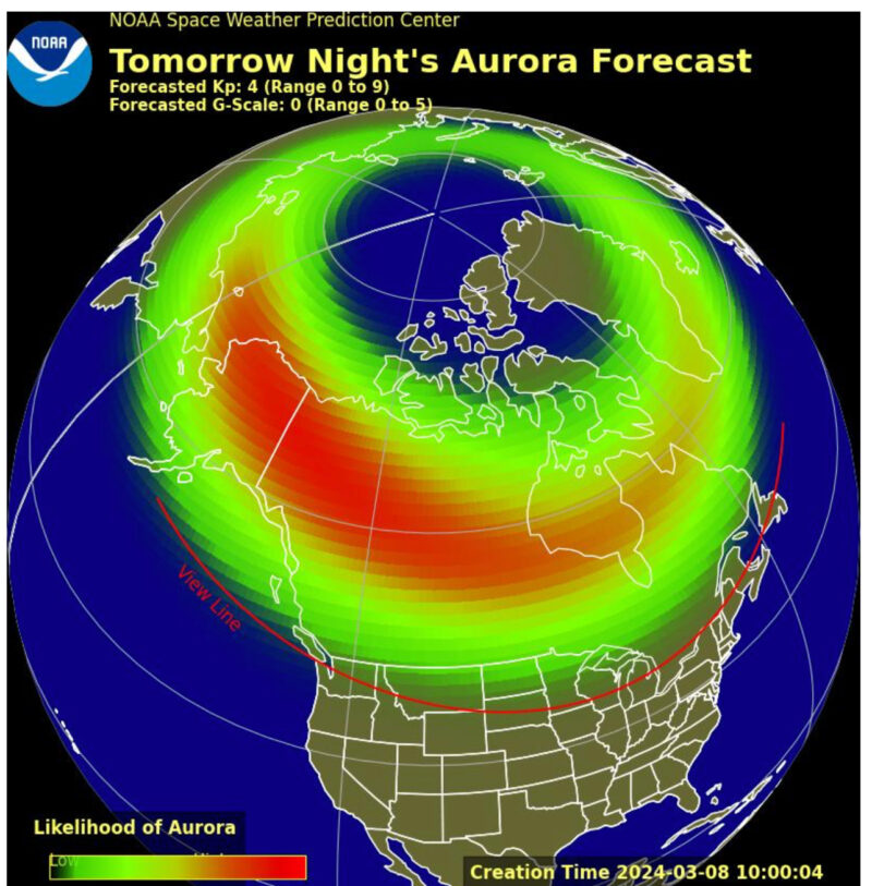 NOAA aurora forecast, showing a good likelihood of auroras across Canada and the far northern US.