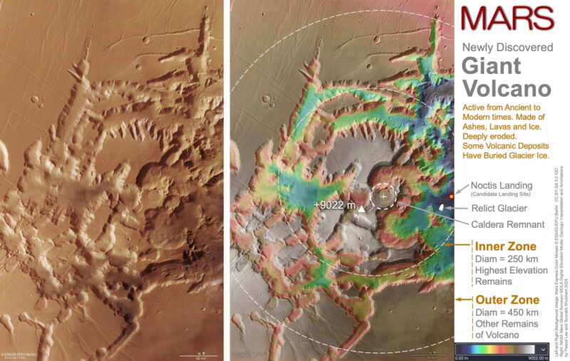 Side by side image showing lifelike color with false color of the volcanic region.