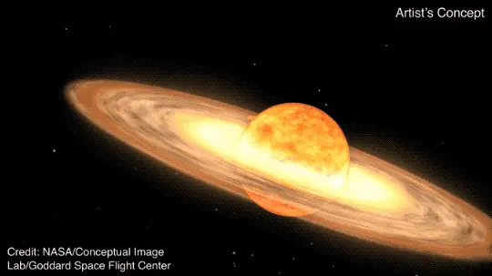 New star: Animation of an exploding smaller star orbiting a big orange star in the middle of a glowing disk.