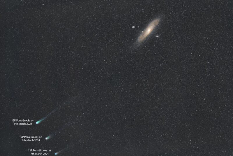 Cometa Pons-Brooks: Cielo oscuro y estrellado con 3 puntos brillantes en la esquina inferior izquierda.  Tienen colas peludas.  En la esquina superior derecha hay un disco amarillento etiquetado "M31".