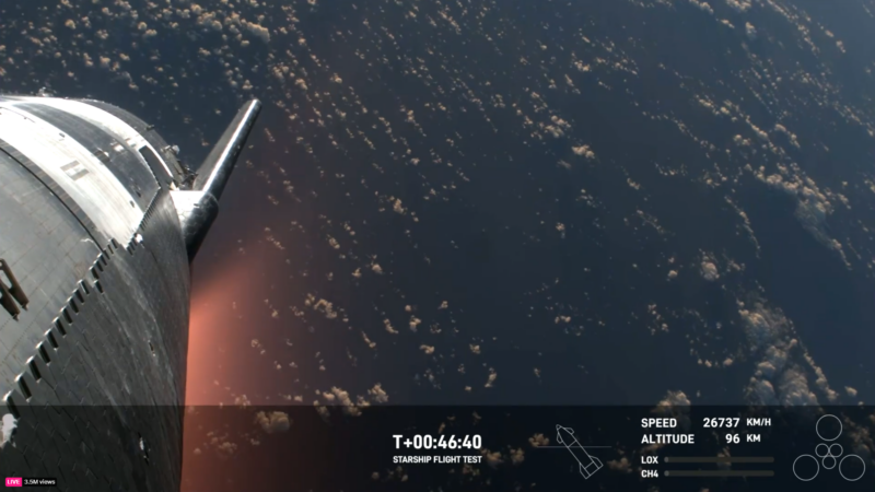SpaceX Starship test flight: Rocket on left. Orange glow below it. Ocean and clouds in background.