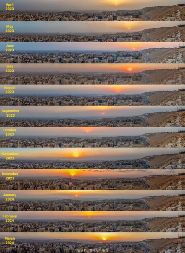 12 panoramic images of the same landscape with the sun in different points of the sky. It creates the shape of an S.