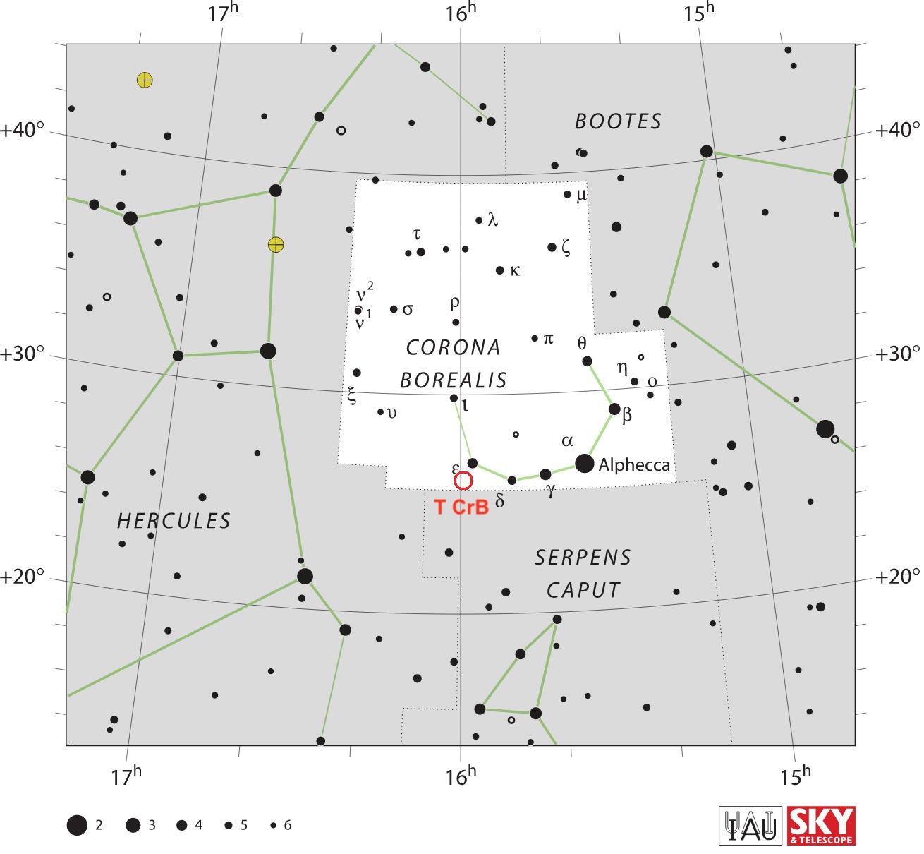 Star chart of Corona Borealis, stars in black on white, with red circle indicating location of star TCrB.