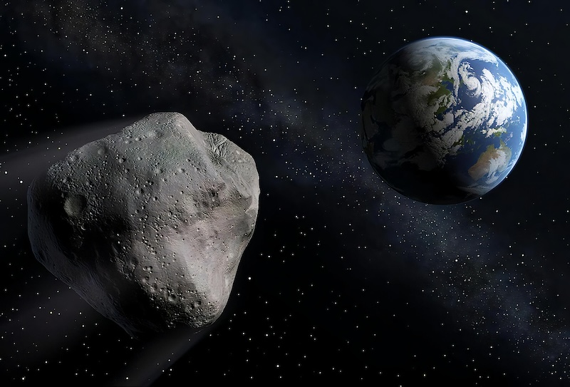 Distant Earth in space with a gray, irregular, cratered rocky object in foreground.