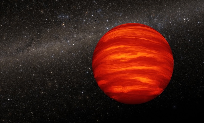 Brown dwarfs: Bright slightly glowing sphere with dark bands in its atmosphere and stars in background.