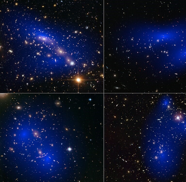 Image shows deep space with galaxies littered across and several lighter blue spots against an otherwise navy background. These blue spots represent dark matter.