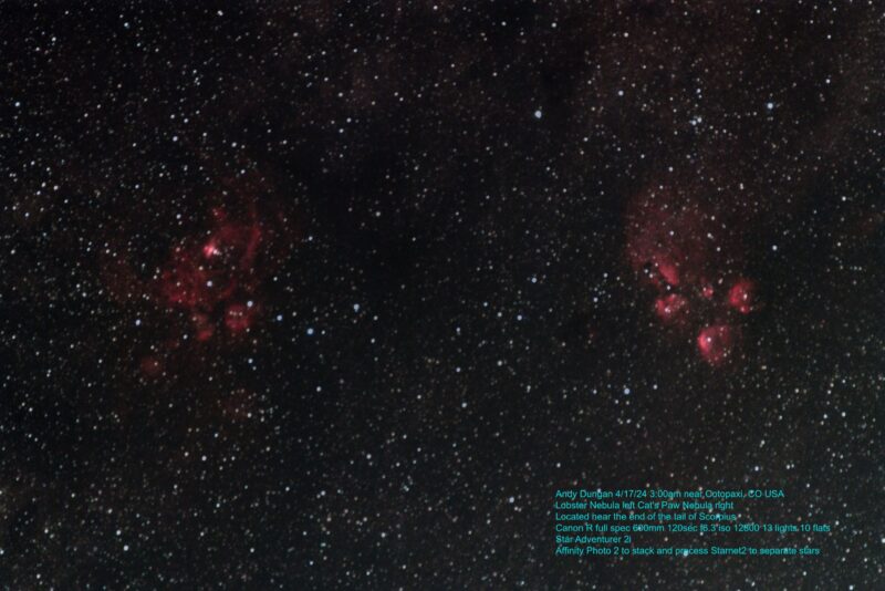 Two bright red, nebulous objects, over a rich background of stars.