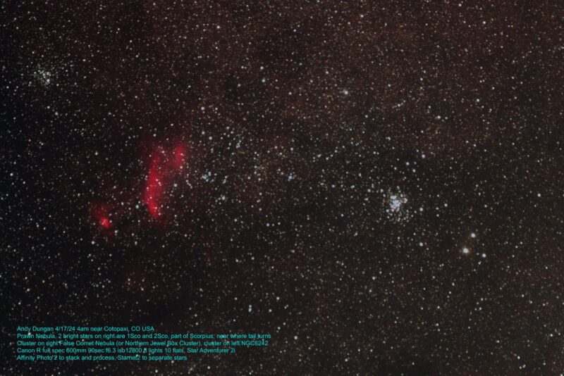 A red, nebulous objects near a compact star cluster, over a rich background of stars.