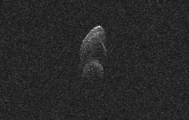 Un'immagine in bianco e nero di un oggetto verticale con due lobi su sfondo nero.