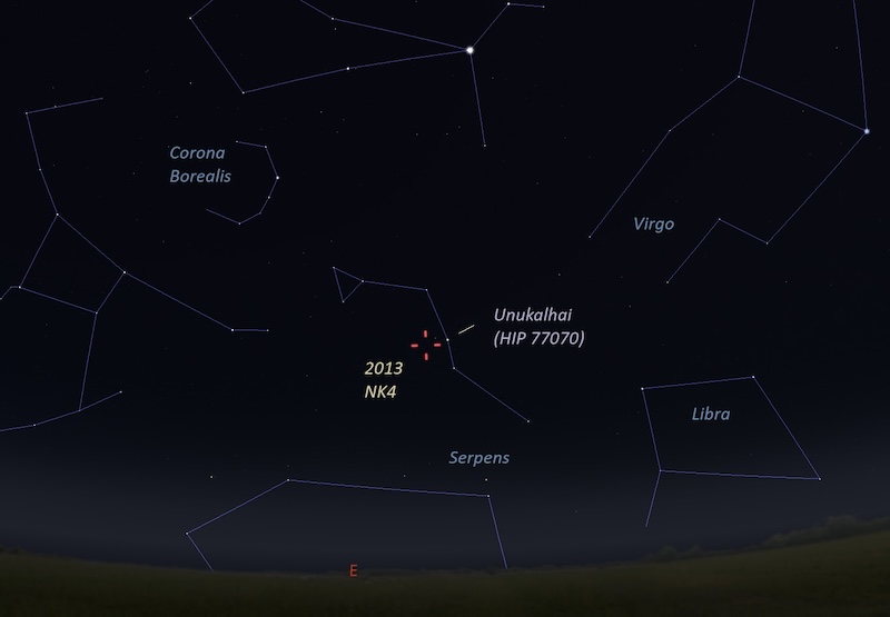 A star chart showing the location of 2013 NK4 on April 16, 2024.