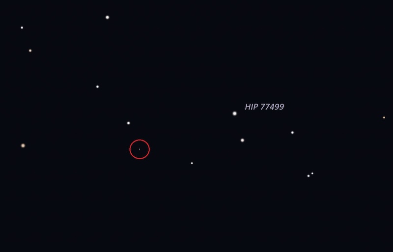 Star chart with labeled star and red ring around location of asteroid.