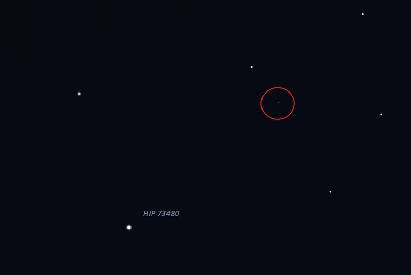 Star chart with labeled star and red ring around location of asteroid.