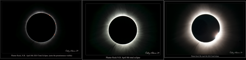 A sequence showing three photos of totality with increasing brightness of the corona.