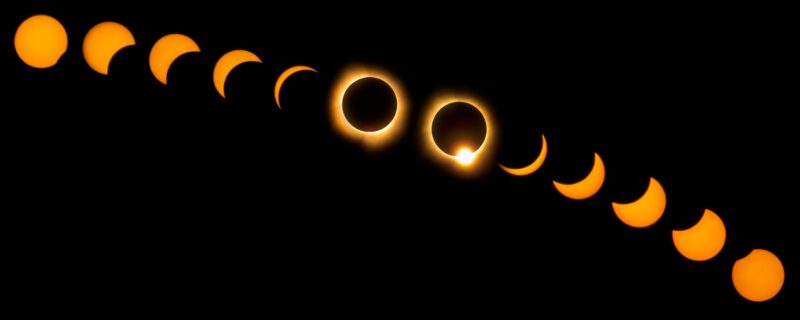 A composite image of the different stages of the total solar eclipse, starting from partiality in the top left corner to totality in the center to partiality as the line of images arcs down to the bottom right corner.