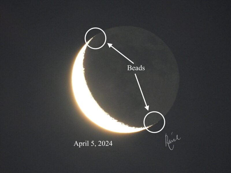 Glowing crescent moon with white arrows pointing to the tips of the crescent where small dots of light are visible, labeled beads.