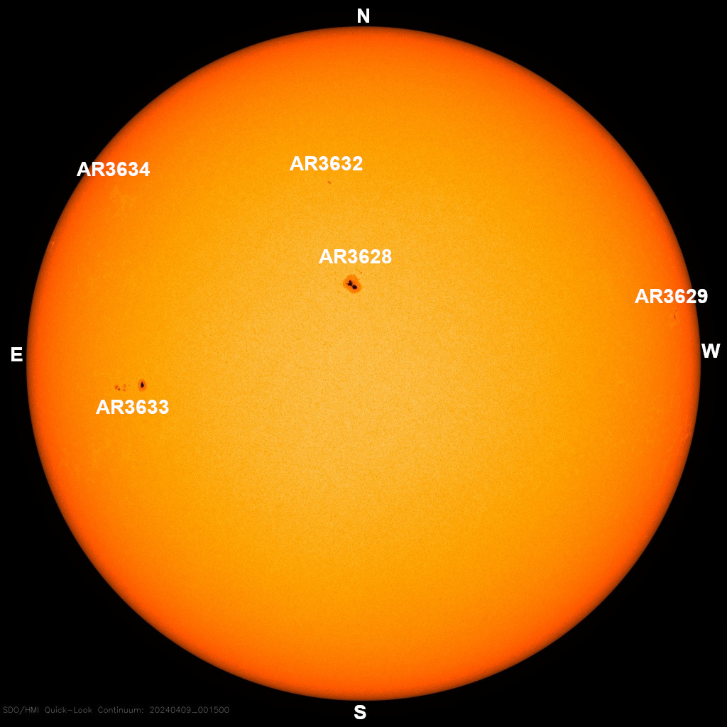 The sun, seen as a large yellow sphere with dark spots, each labeled.