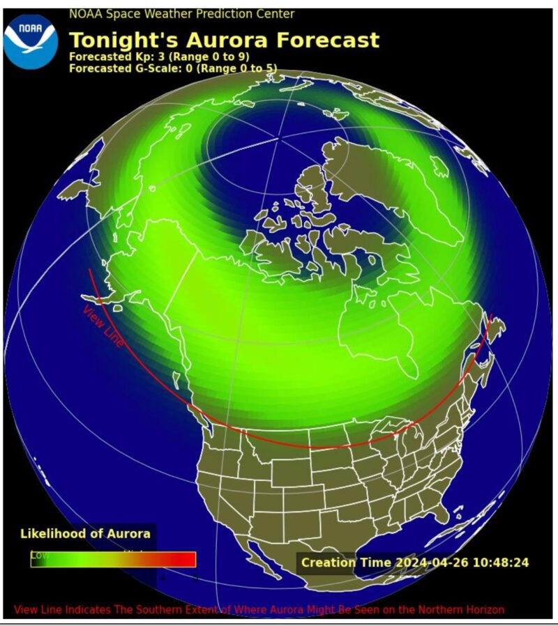 Globe centred on North America showing a low to moderate chance of auroras around the arctic circle. The line that auroras could be seen from runs through northern US states.