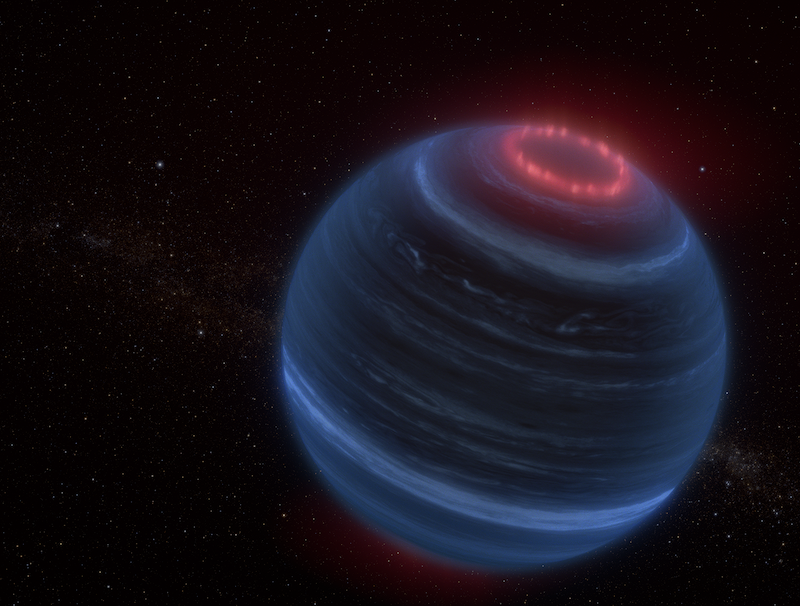 Brown dwarf: Dark bluish planet-like body with horizontal bands, a glowing ring at the top and stars in background.