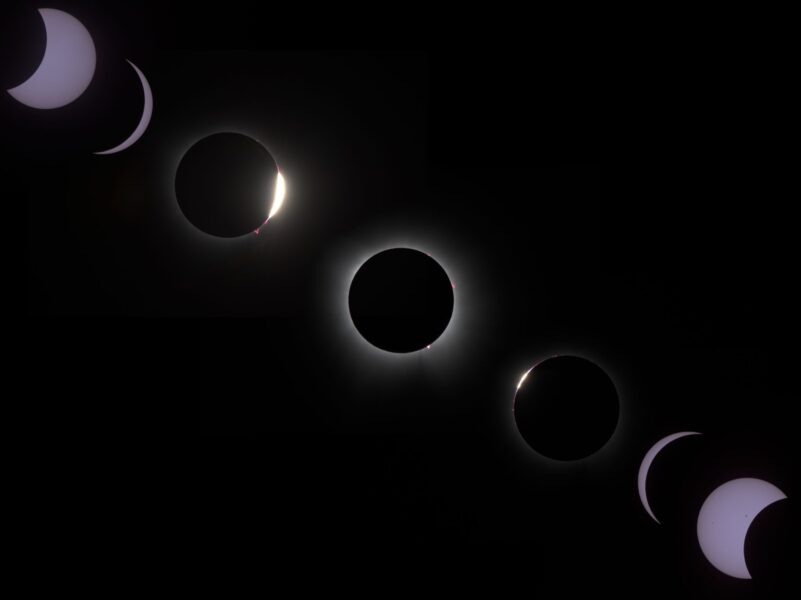 A series of stages of the eclipsed sun upper left to lower right.