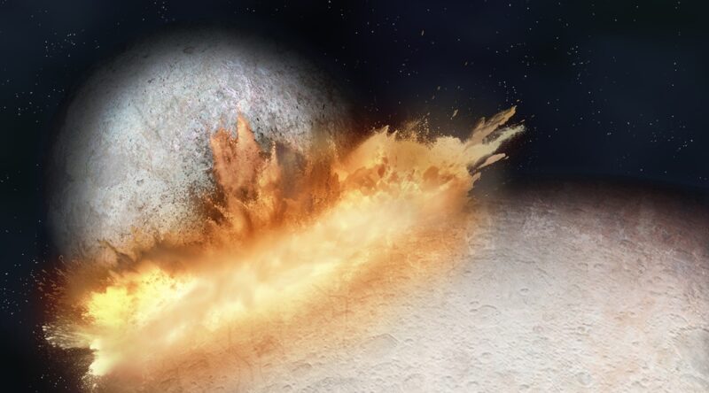 Ground globe being struck by another body, with a blast of debris going up.
