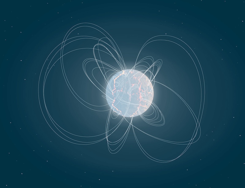 Giant magnetar eruption: Whitish sphere surrounded by many thin white looping lines, on dark blue background with stars.