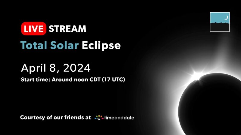 Image shows livestream thumbnail with eclipsed sun in the bottom right corner, visible as a black circle with a white, wispy glow. White text against black background reads 