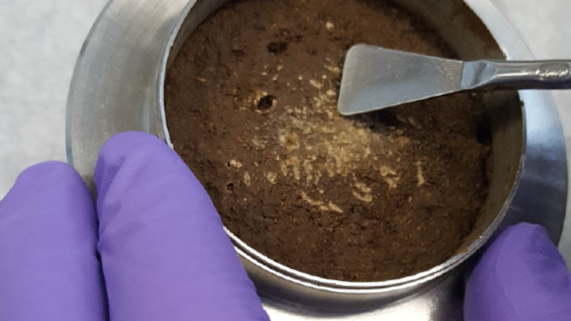 Methane on Mars: Brown soil-like material, brighter in the center, inside a metallic cup with a metallic instrument and fingers in blue glove.