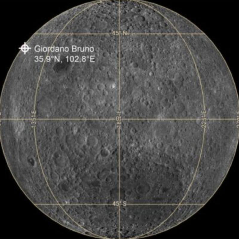 Map moon's far side with the crater Giordano Bruno marked.