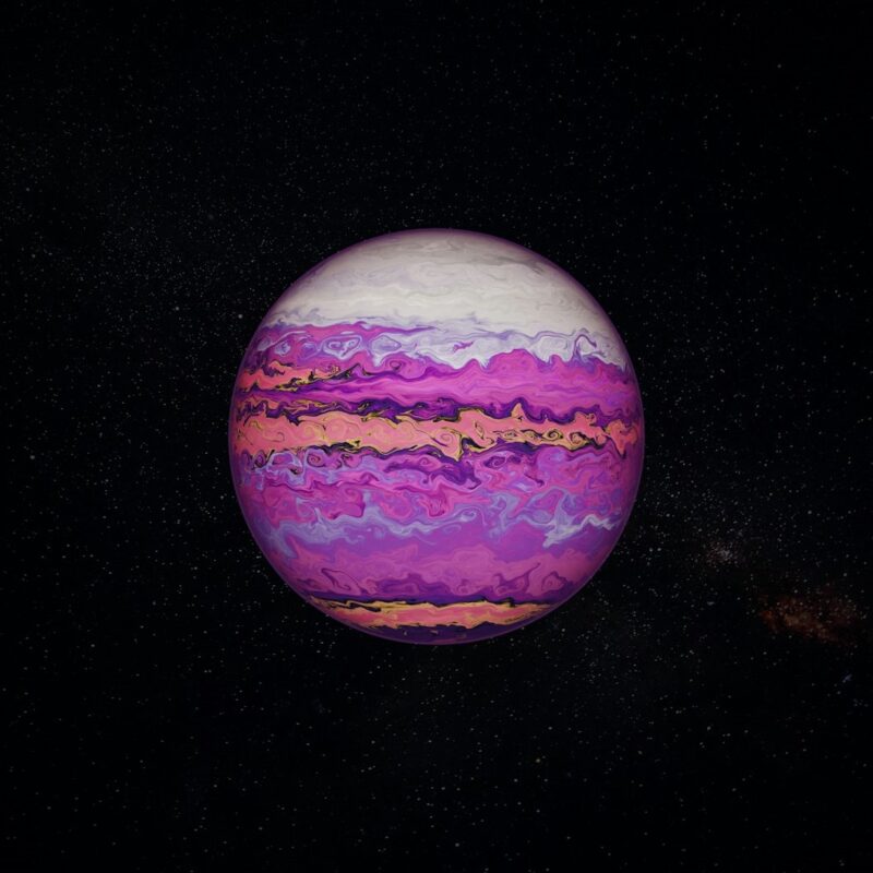 A purple and white and orange striped planet.