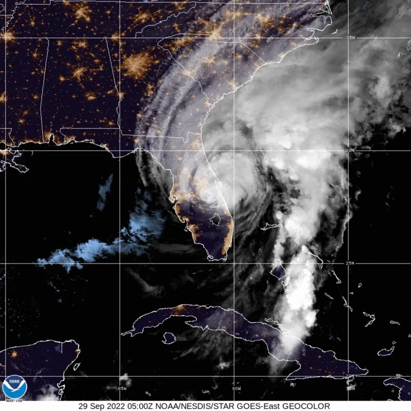 Gif showing swirling white clouds over Florida's center moving northeast.