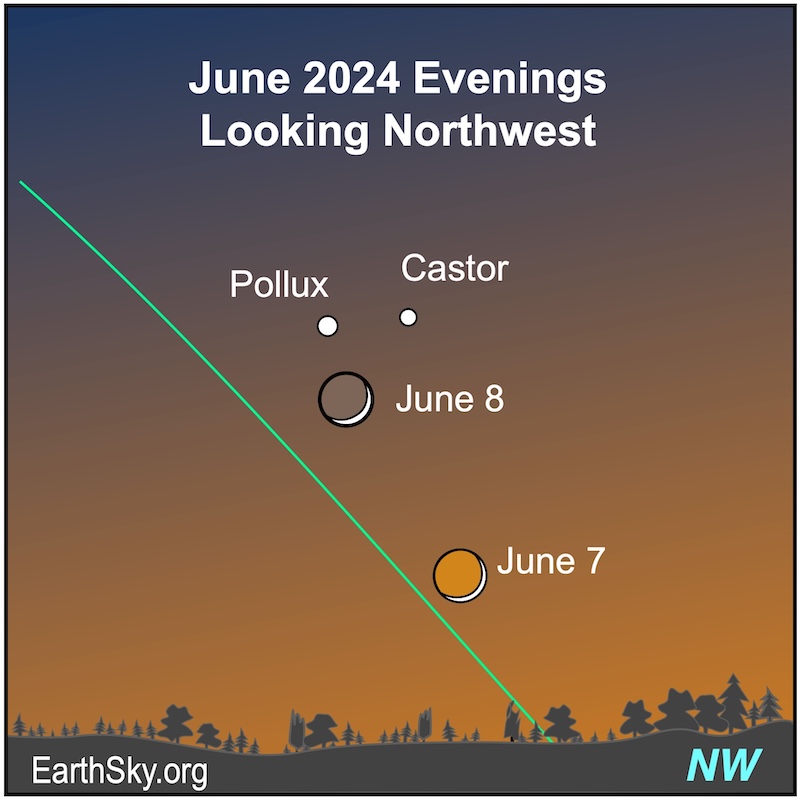Moon on June 7 and 8 near Pollux and Castor.