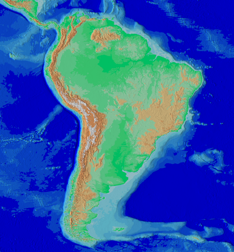 Map of South America. Most of the map looks green, but there is a brown, long, thin line along the left side.