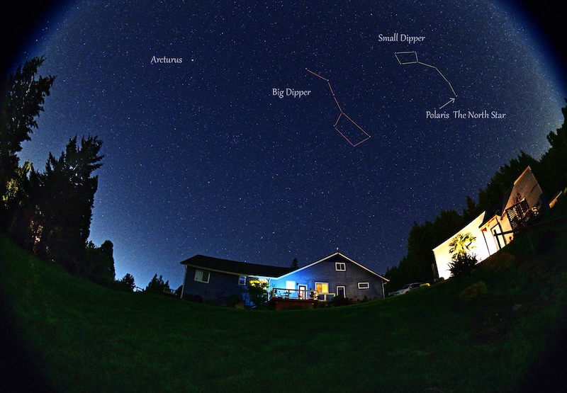 Dark blue starry sky with houses and trees in foreground. The star Arcturus, Big Dipper, Little Dipper and Polaris are annotated.