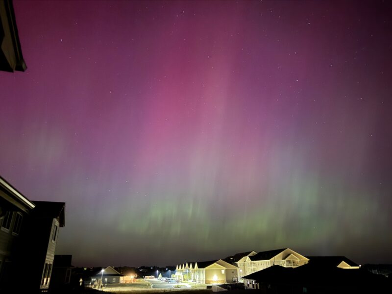 Tall curtains of pink and green light in the sky above a well-lit street of houses.