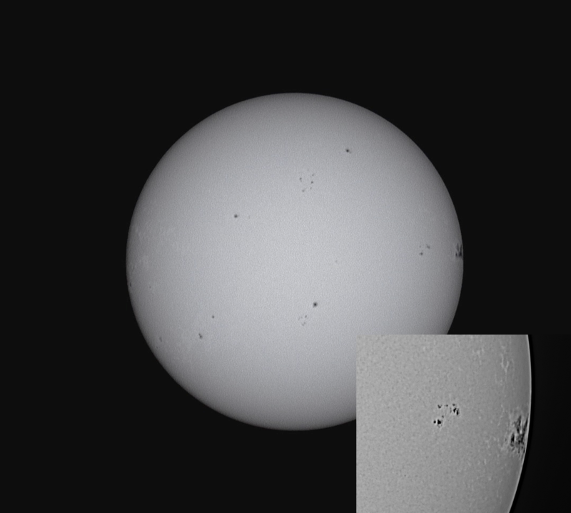 The sun, seen as a gray sphere with a mottled surface, with a photo inset at the bottom.