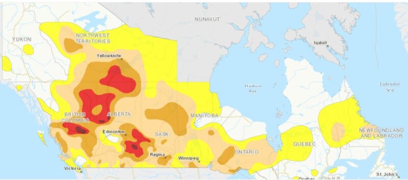 Map of Canada showing red to yellow shadings for extreme drought to milder drought, highest in northwest.