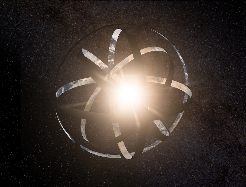 Dyson sphere: Bright star surrounded by multiple solid, thin rings, with millions of other stars in background.