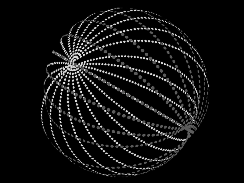 Spherical shape composed of many tiny white dots arranged in rings, on black background.