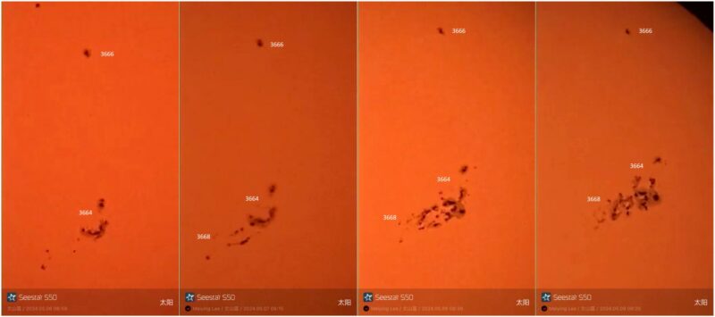 4 panels showing a sunspot region growing in size and complexity.