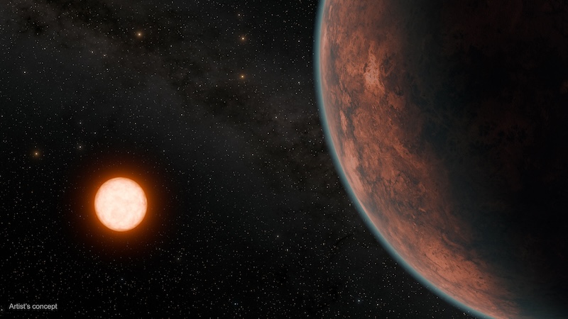 Gliese 12 b: Brownish planet with no clouds and bright pinkish star nearby.