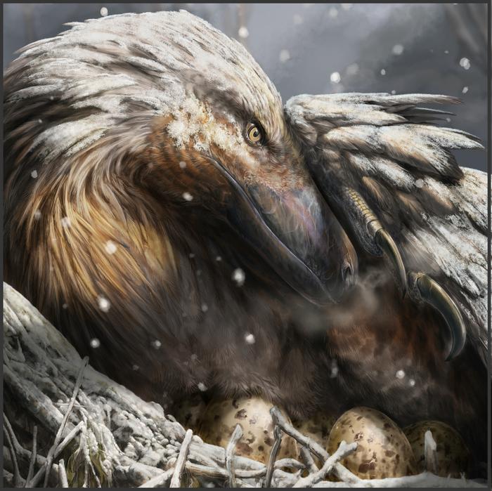 An example of warm-blooded dinosaurs. The image shows a close-up of a dinosaur's head and upper body, covered in feathers, in the snow.