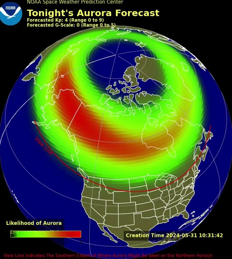 Sun news: A chart showing the possibility for auroras extending down into northerly U.S. latitudes.