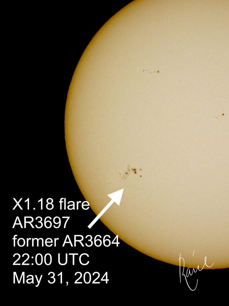 A section of the sun, with a large sunspot.